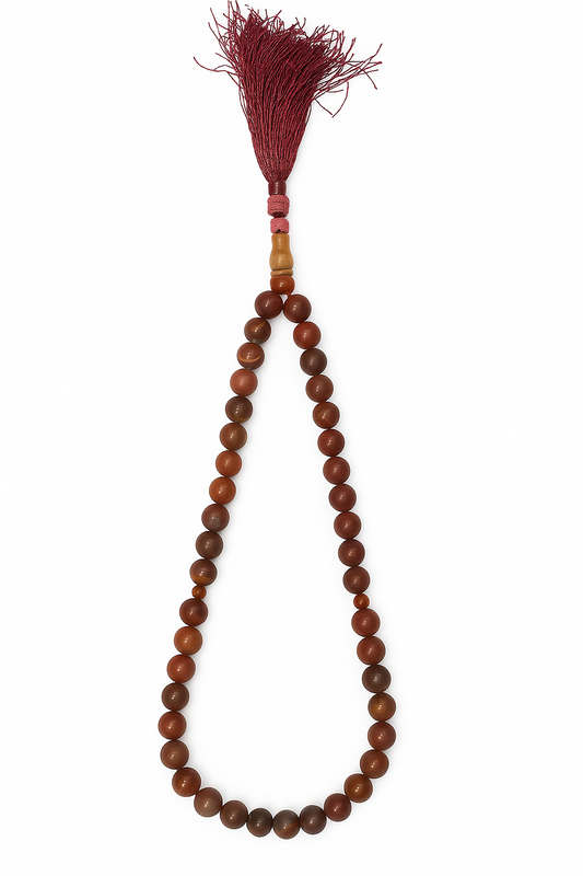 Carnelian Stone Tasbih – 33 Beads with Silver Accents & Maroon Tassel