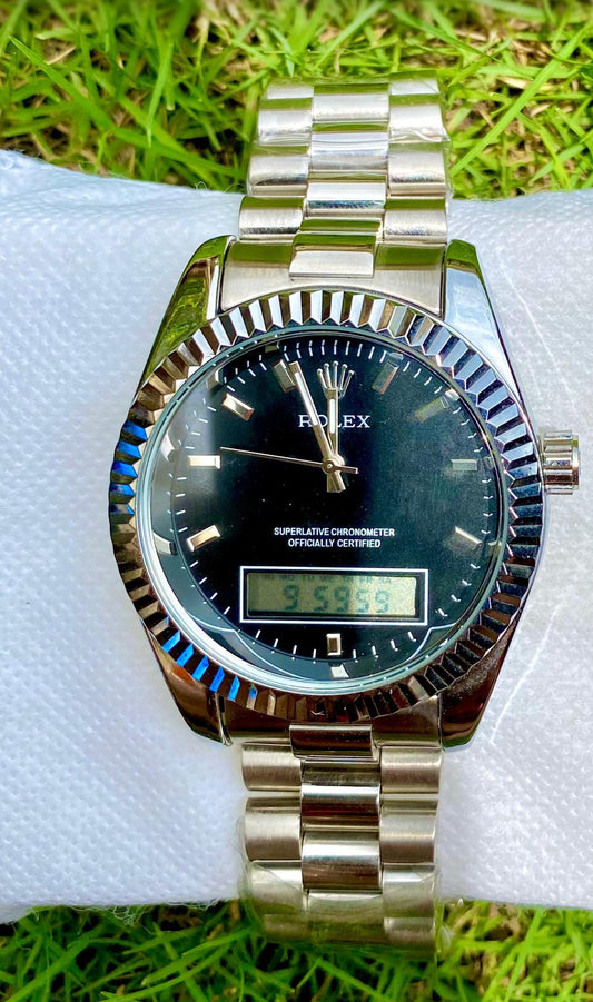 Crown-clasp Silver‑Tone Hybrid Watch – Black Dial with Analog & Digital Display