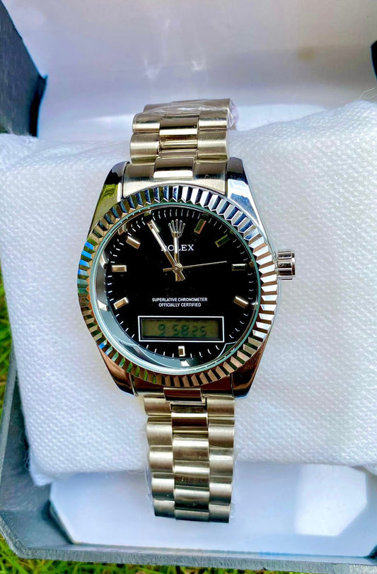 Crown-clasp Silver‑Tone Hybrid Watch – Black Dial with Analog & Digital Display