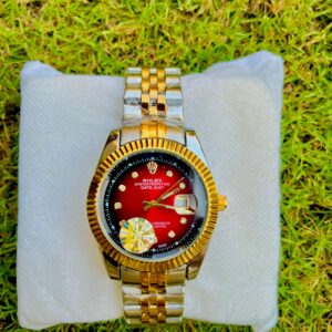 Two-Tone Luxury Wristwatch – Red Gradient Dial | Crystal Indexes | Date Display
