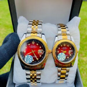 Couple Wristwatch Set – Two-Tone Gold & Silver | Diamond Markers | Date Display