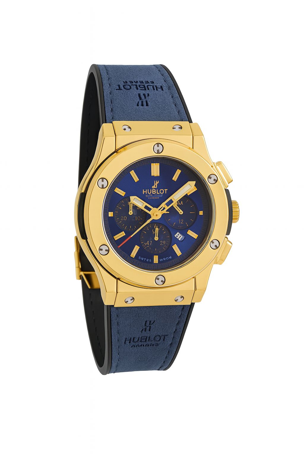 Hublot Chronograph Wristwatch – Gold-Tone Case with Blue Strap | Water Resistant