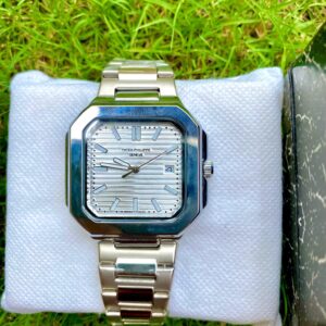 Silver Stainless Steel Wristwatch – Luxury Rectangular Dial | Date Display