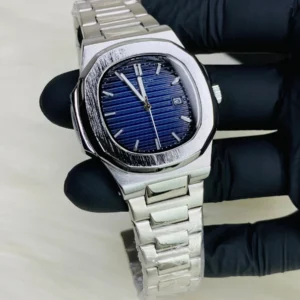 Silver Stainless Steel Wristwatch – Blue Textured Dial | Date Display | Quartz Movement